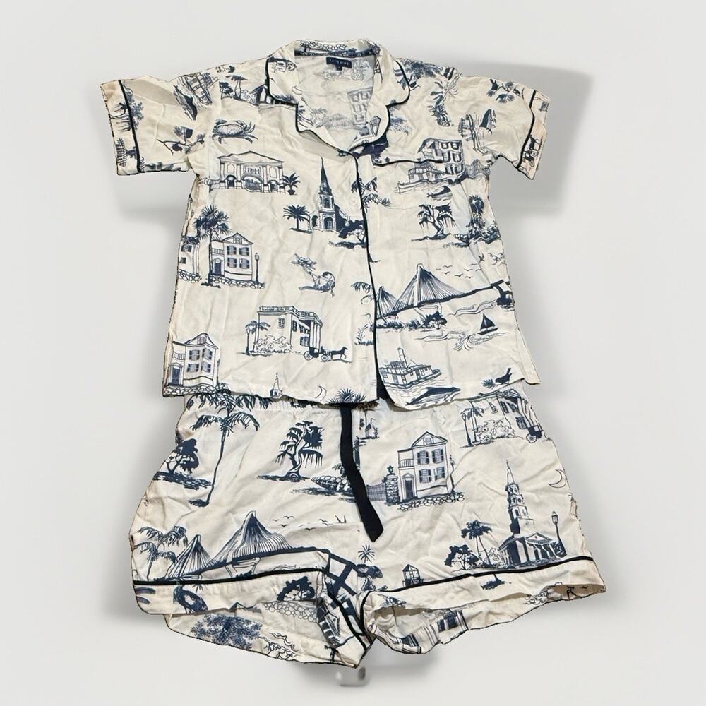 Katie Kime Charleston Toile Print Pajama Set Short Sleeve Sz L EUC Worn Once